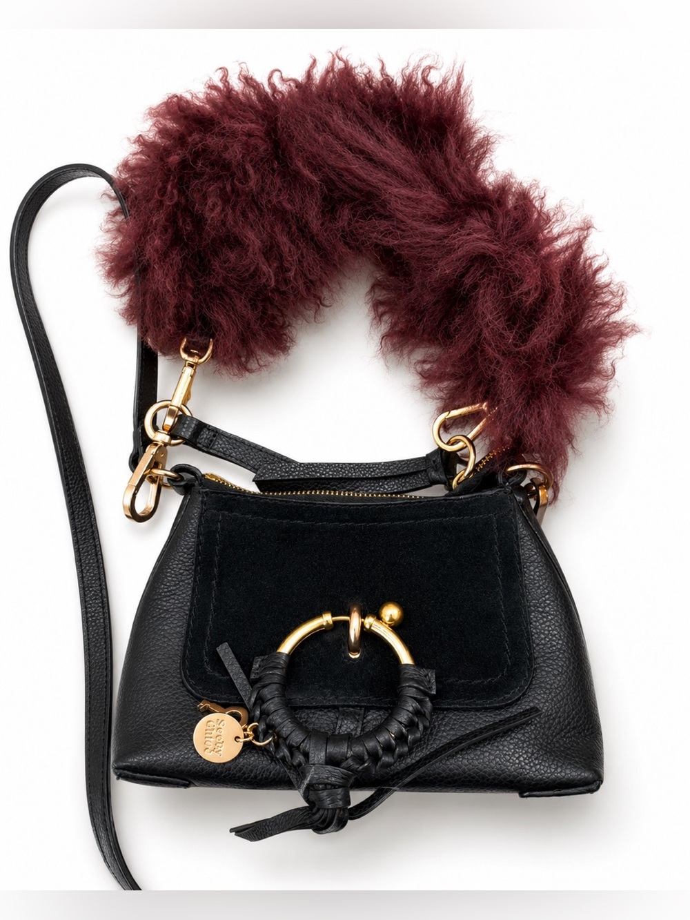 See by Chloé Joan Small Leather Bag with Burgundy Shearling Handle